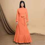 Peach Cotton Flax Crew Neck Floor Length Tier Dress