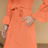 Peach Cotton Flax Crew Neck Floor Length Tier Dress