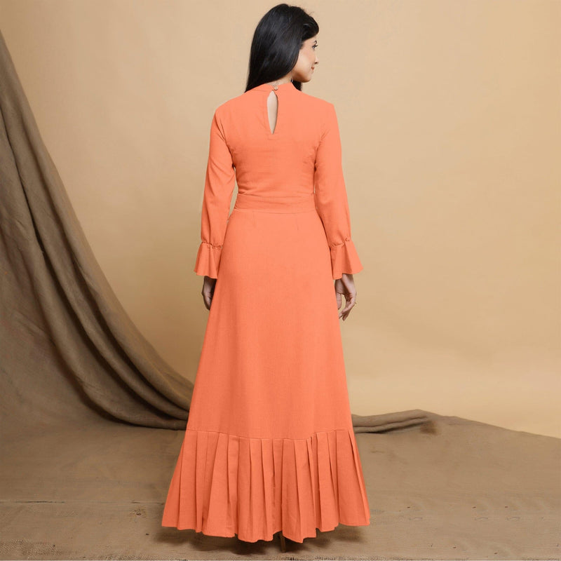 Peach Cotton Flax Crew Neck Floor Length Tier Dress