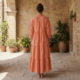 Peach Cotton Flax Deep-V Maxi Tier Dress