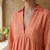 Peach Cotton Flax Deep-V Maxi Tier Dress