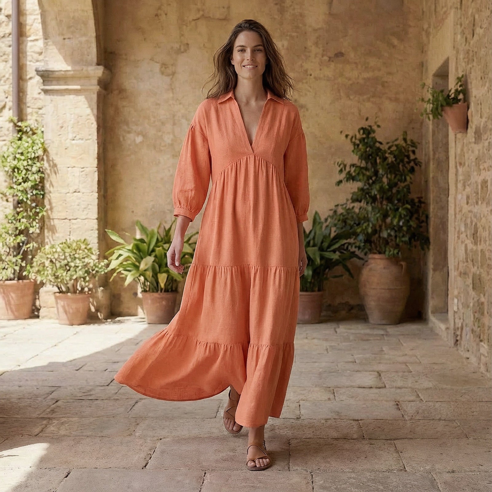 Peach Cotton Flax Deep-V Maxi Tier Dress 38