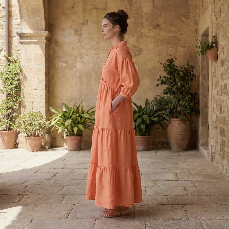 Peach Cotton Flax Deep-V Maxi Tier Dress 38