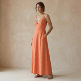 Peach Cotton Flax Deep V-Neck Cami Maxi Dress
