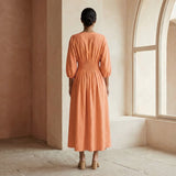 Peach Cotton Flax Deep-V Neck Empire Waist Maxi Dress