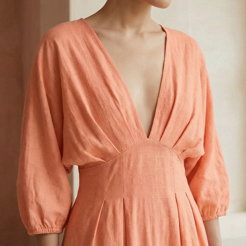 casual empire waist maxi dress Buy Peach Cotton Flax Deep-V Neck Online at SeamsFriendly What I Packed for solid wood Color:SAGE TAPESTRY FLORAL