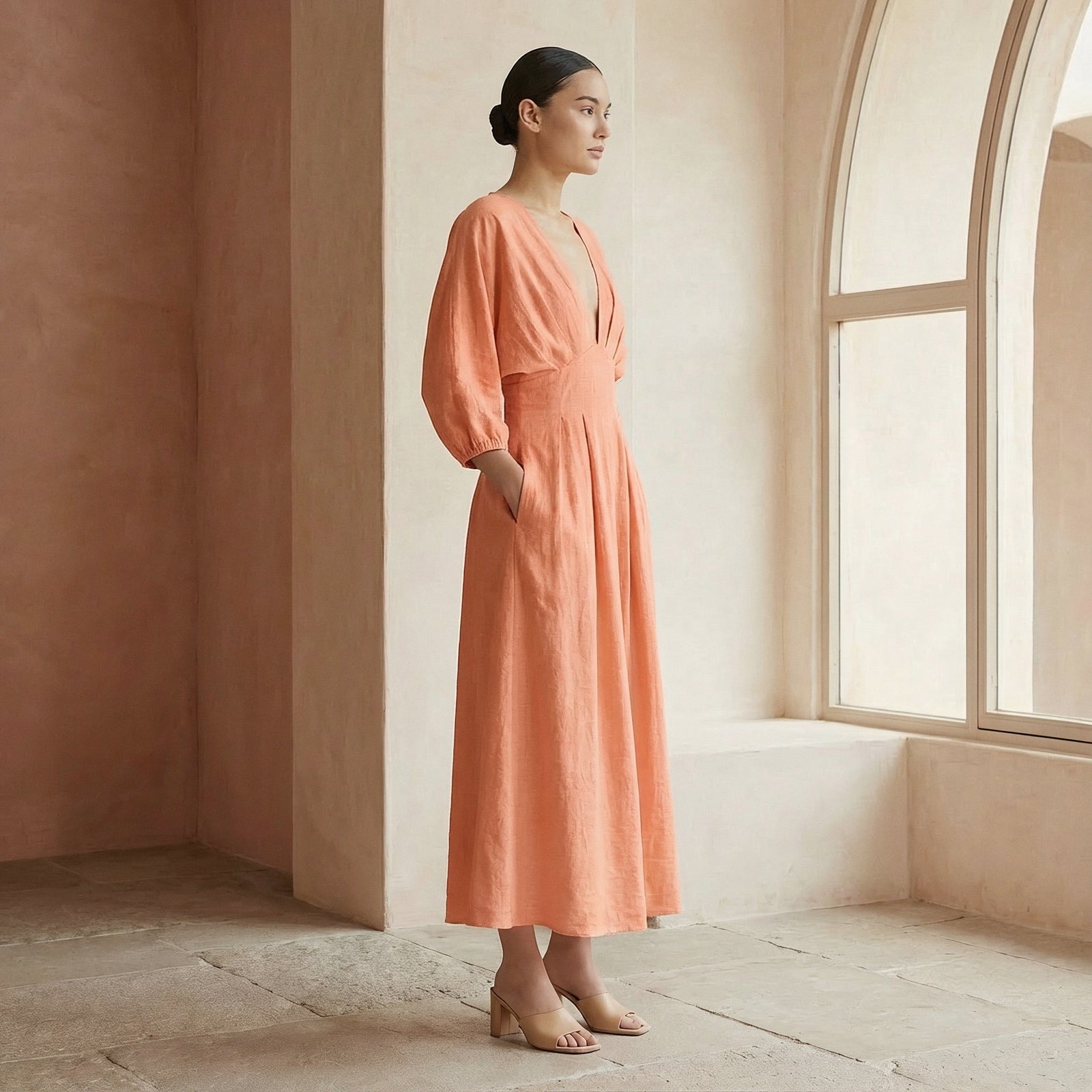 cotton dress empire waist Peach Flax Deep-V Neck Maxi 68