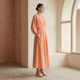 Peach Cotton Flax Deep-V Neck Empire Waist Maxi Dress