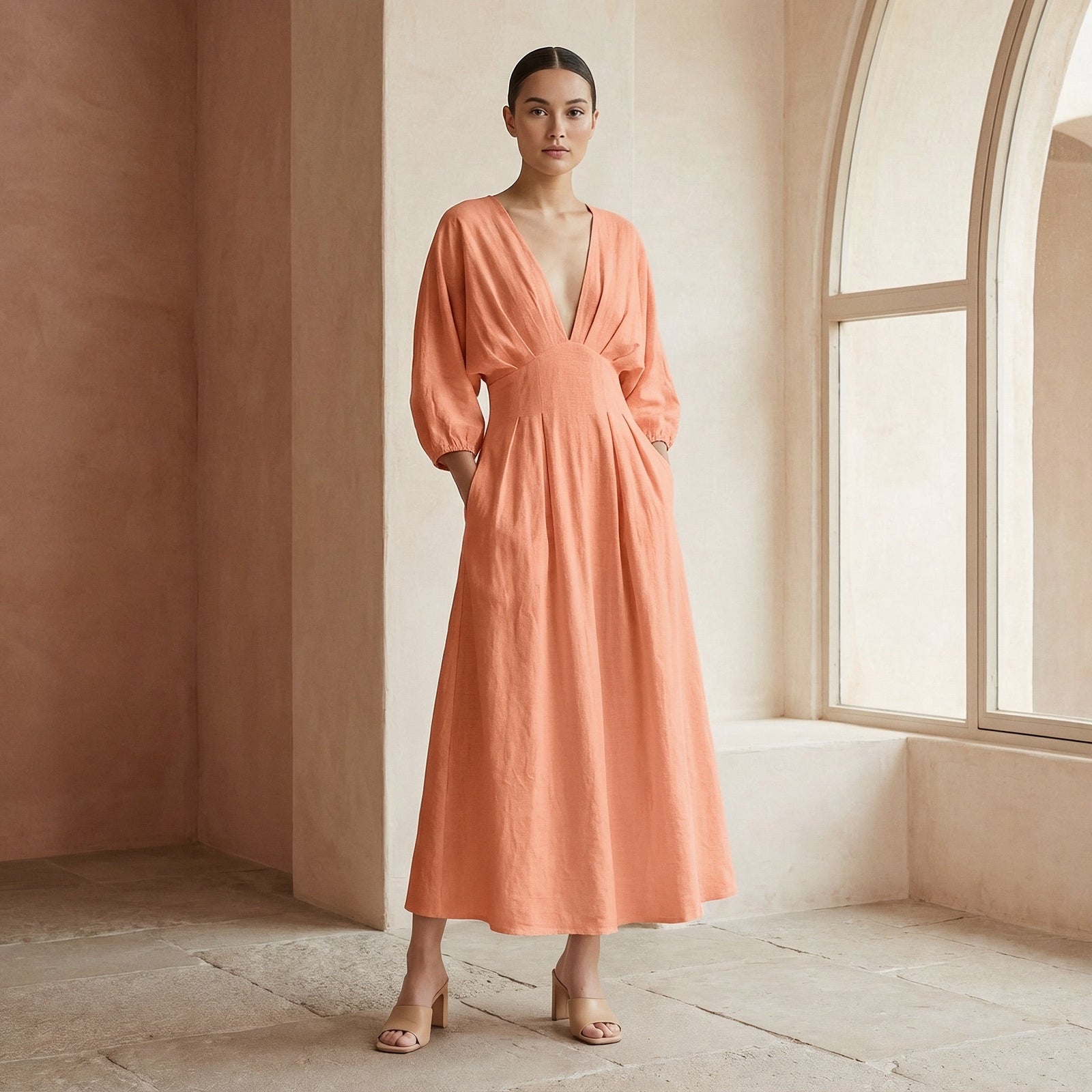 dress v neck empire waist Whisper Maxi Olive / S and deep v Blush Pink bell sleeve deep