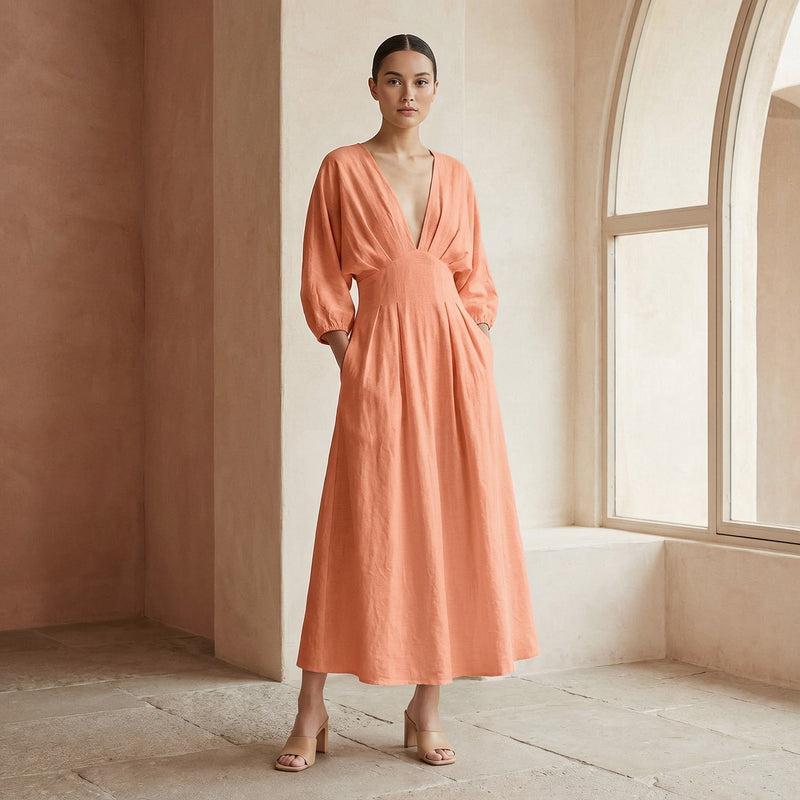 Peach Cotton Flax Deep-V Neck Empire Waist Maxi Dress 68