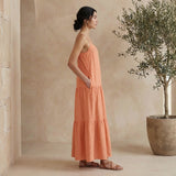 Peach Cotton Flax Drop-Waist Camisole Maxi Tier Dress