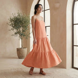 Peach Cotton Flax Drop-Waist Camisole Maxi Tier Dress