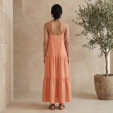 Peach Cotton Flax Drop-Waist Camisole Maxi Tier Dress
