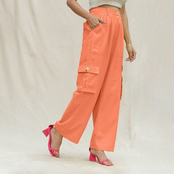 Peach Cotton Flax Elasticated High-Rise Cargo Pant