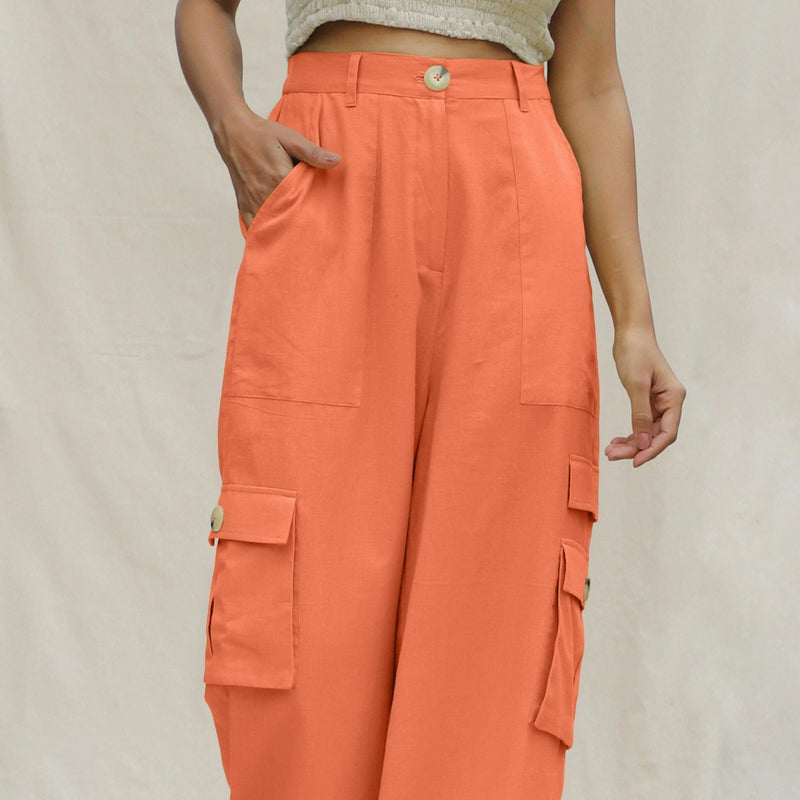 Peach Cotton Flax Elasticated High-Rise Cargo Pant