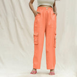 Peach Cotton Flax Elasticated High-Rise Cargo Pant