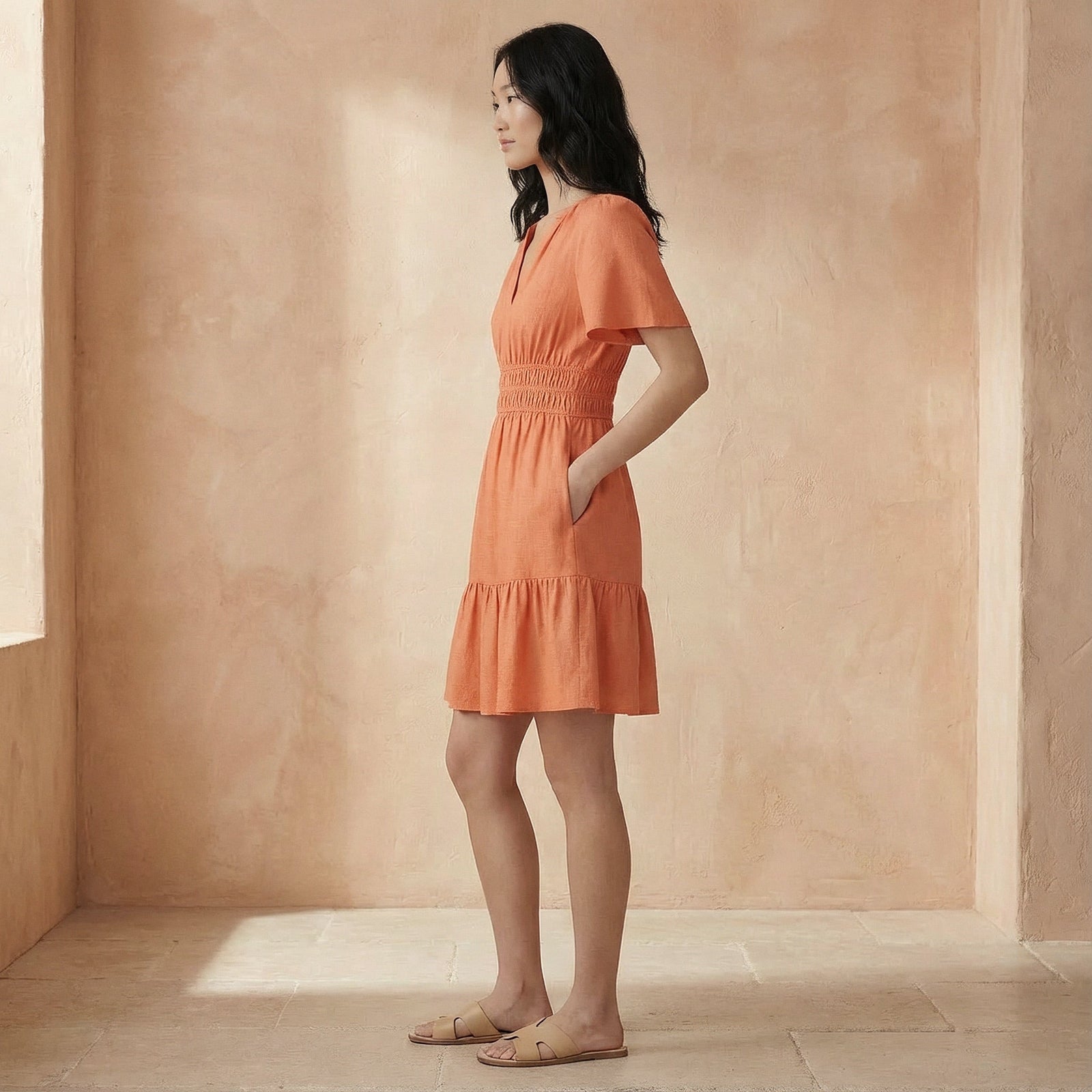 Peach Cotton Flax Elasticated Short Tier Dress 32