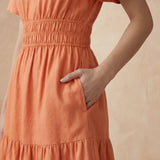 Peach Cotton Flax Elasticated Short Tier Dress