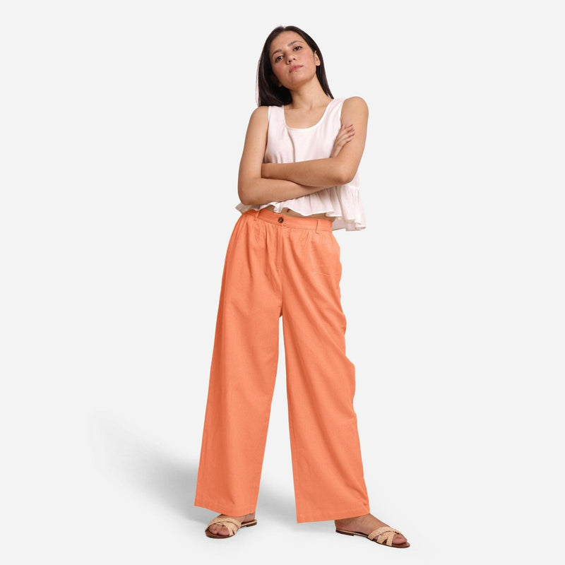 Front View of a Model wearing Peach Cotton Flax Wide Legged Straight Pant