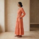 Peach Cotton Flax Fit and Flare Maxi Tier Dress