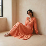Peach Cotton Flax Fit and Flare Maxi Tier Dress