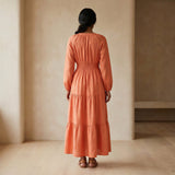 Peach Cotton Flax Fit and Flare Maxi Tier Dress