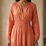 Peach Cotton Flax Fit and Flare Maxi Tier Dress