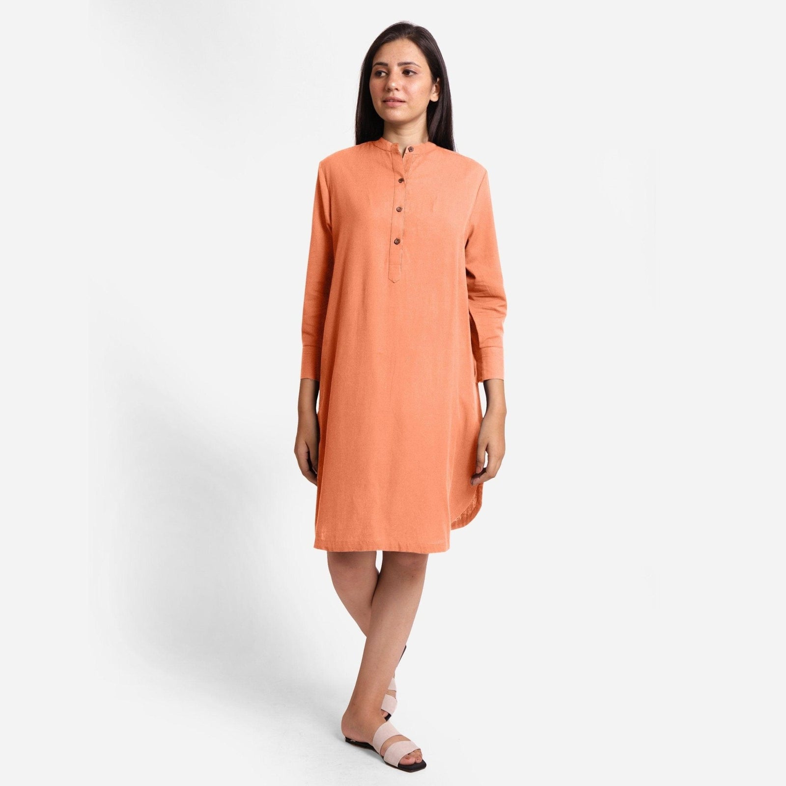 Peach Cotton Flax Knee Length Shirt Dress 36