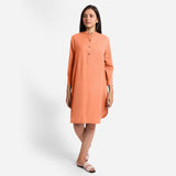 Front View of a Model wearing Peach Cotton Flax Shirt Dress