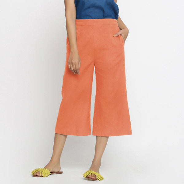 Front View of a Model wearing Peach Mid-Rise Cotton Flax Culottes