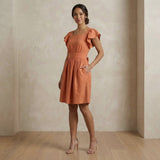 Peach Cotton Flax Open-Back Fit and Flare Knee Length Dress