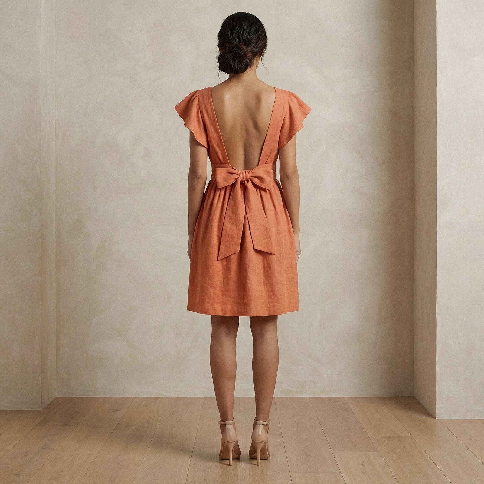Peach Cotton Flax Open-Back Fit and Flare Knee Length Dress 58" / Regular (5'2" - 5'6") Peach Cotton Flax Open-Back Fit and Flare Knee Length Dress 58" / Regular (5'2" - 5'6")
