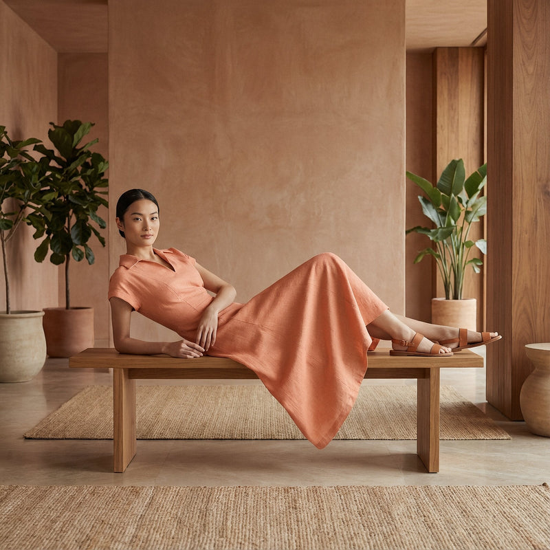 Peach Cotton Flax Paneled A-Line Midi Dress 52