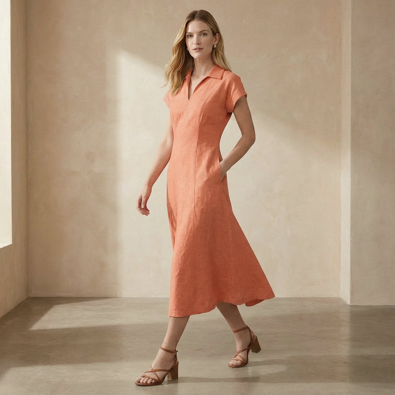 Peach Cotton Flax Paneled A-Line Midi Dress 52 Peach Cotton Flax Paneled A-Line Midi Dress 52