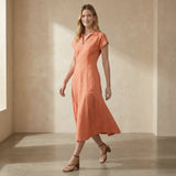 Peach Cotton Flax Paneled A-Line Midi Dress