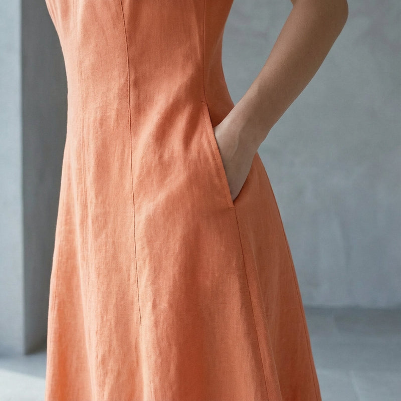 Peach Cotton Flax Paneled A-Line Midi Dress 52" / Regular (5'2" - 5'6") Peach Cotton Flax Paneled A-Line Midi Dress 52" / Regular (5'2" - 5'6")