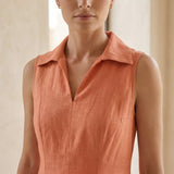 Peach Cotton Flax Paneled Sleeveless Maxi Dress