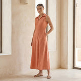 Peach Cotton Flax Paneled Sleeveless Maxi Dress