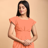 Peach Cotton Flax Pleated Cap Sleeves Short Dress