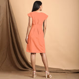 Peach Cotton Flax Pleated Cap Sleeves Short Dress