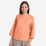 Front View of a Model wearing Peach Cotton Flax Round Neck A-Line Top