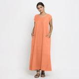 Front View of a Model wearing Peach Cotton Flax A-Line Paneled Dress