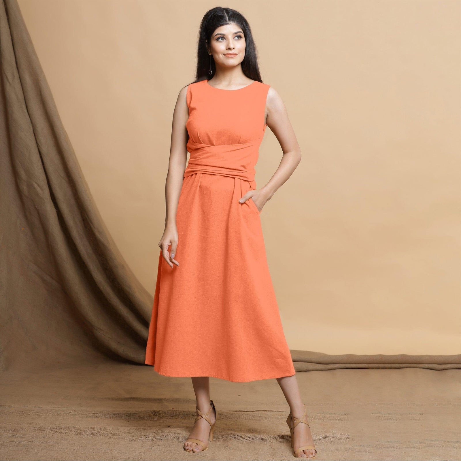 Peach Cotton Flax Sleeveless A-Line Midi Dress 26" / Custom Height (Free) Peach Cotton Flax Sleeveless A-Line Midi Dress 26" / Custom Height (Free)