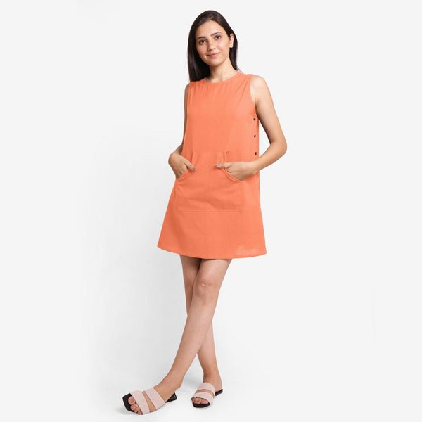 Front View of a Model wearing Peach Cotton Flax Kangaroo Pocket Dress