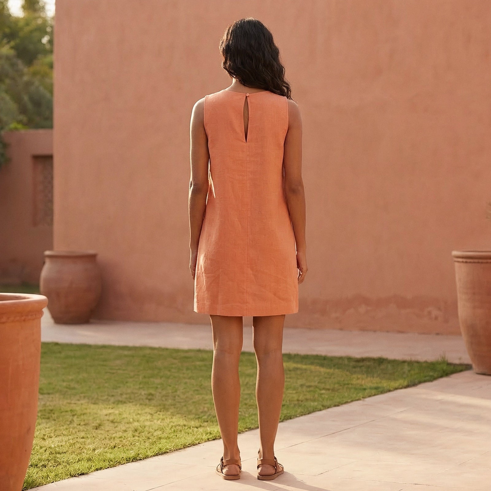 Peach Cotton Flax Sleeveless A-Line Short Shift Dress 32