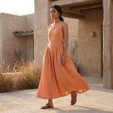 Peach Cotton Flax Sleeveless Paneled Maxi Dress