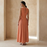 Peach Cotton Flax Sleeveless Paneled Maxi Dress