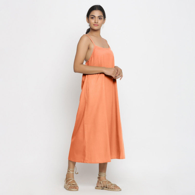 Right View of a Model wearing Peach Cotton Flax Strap Sleeve A-Line Dress