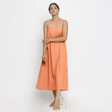 Front View of a Model wearing Peach Cotton Flax Strap Sleeve A-Line Dress