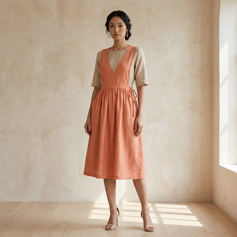 Peach Cotton Flax V-Neck Pinafore Midi Wrap Dress 32